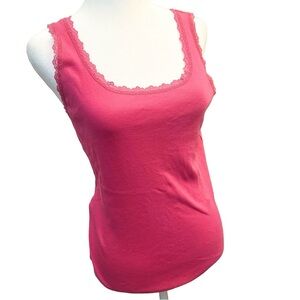 Jones New York Y2K Fuschia Hot Pink Lace Trim 100% Cotton Tank Top Athleisure